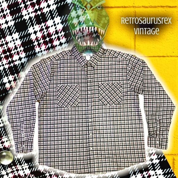 VINTAGE Y2K White, Navy, & Burgundy Plaid Western Pearl Snap Flannel, Large - Picture 1 of 4